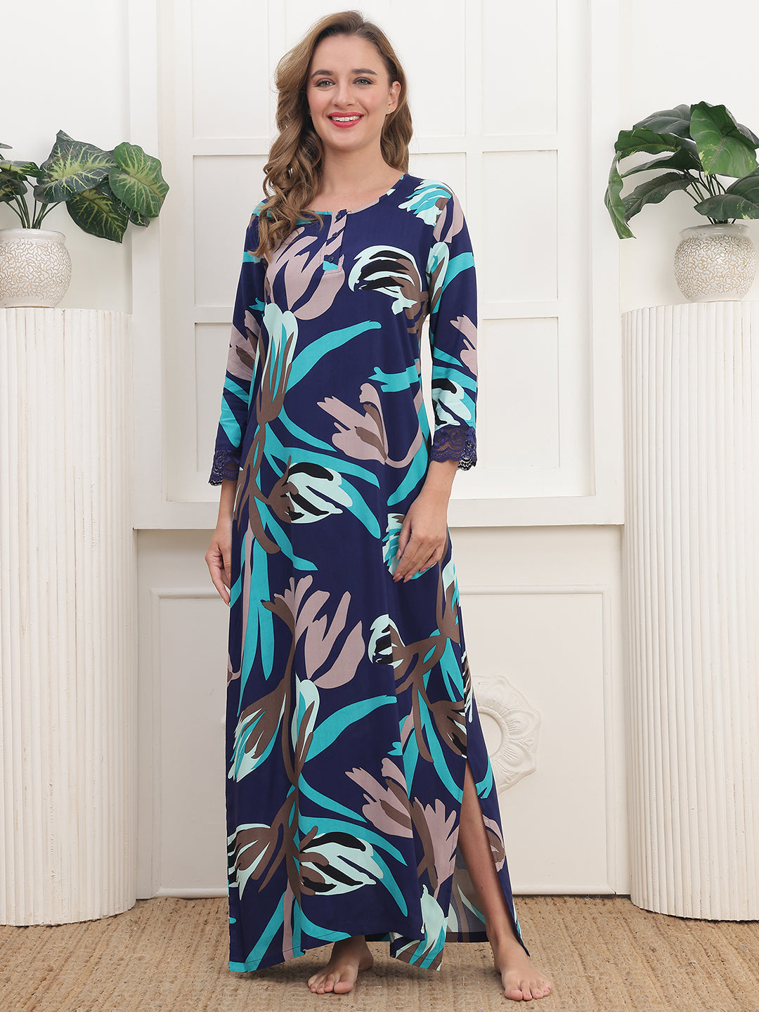 Navy Abstract Printed Viscose Rayon Nighty For Women | Claura