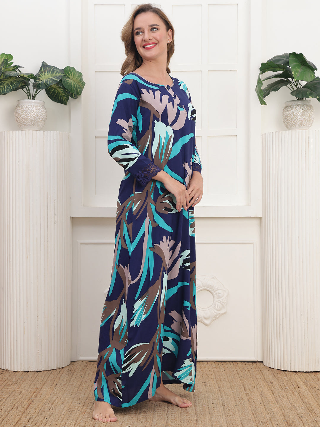 Navy Abstract Printed Viscose Rayon Nighty For Women | Claura