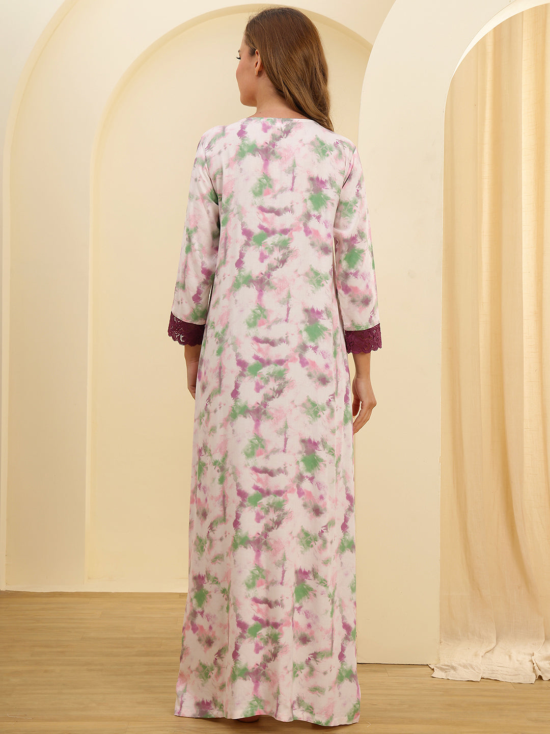 Pink Colour Abstract Printed Viscose Rayon Nighty For Women