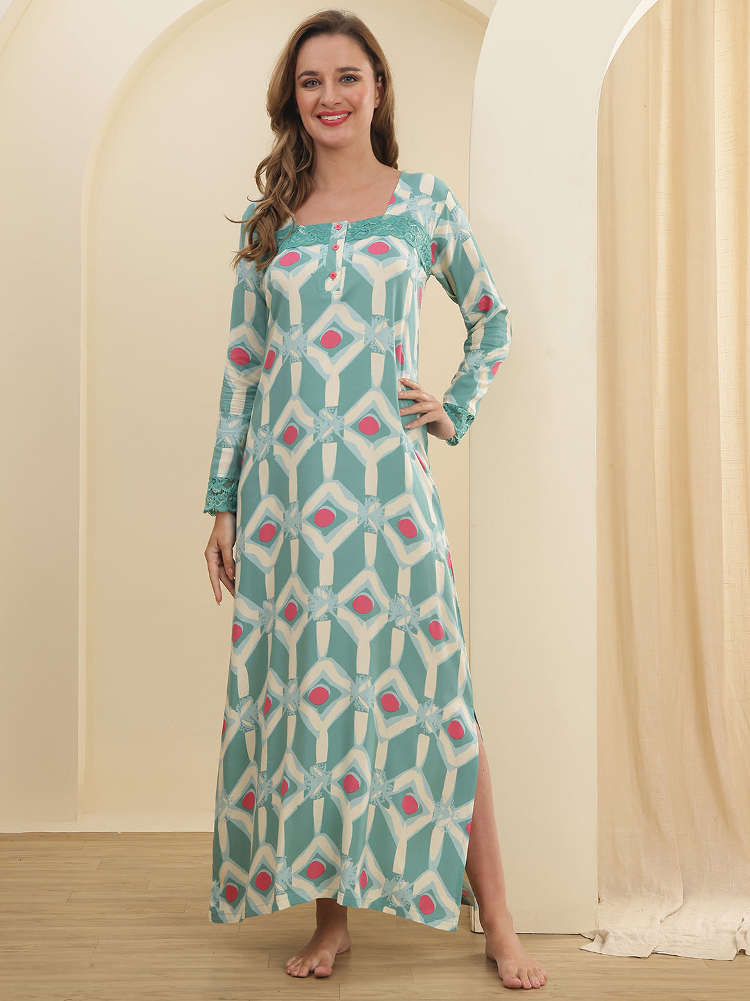 Green Abstract Printed Viscose Rayon Nighty For Women | Claura