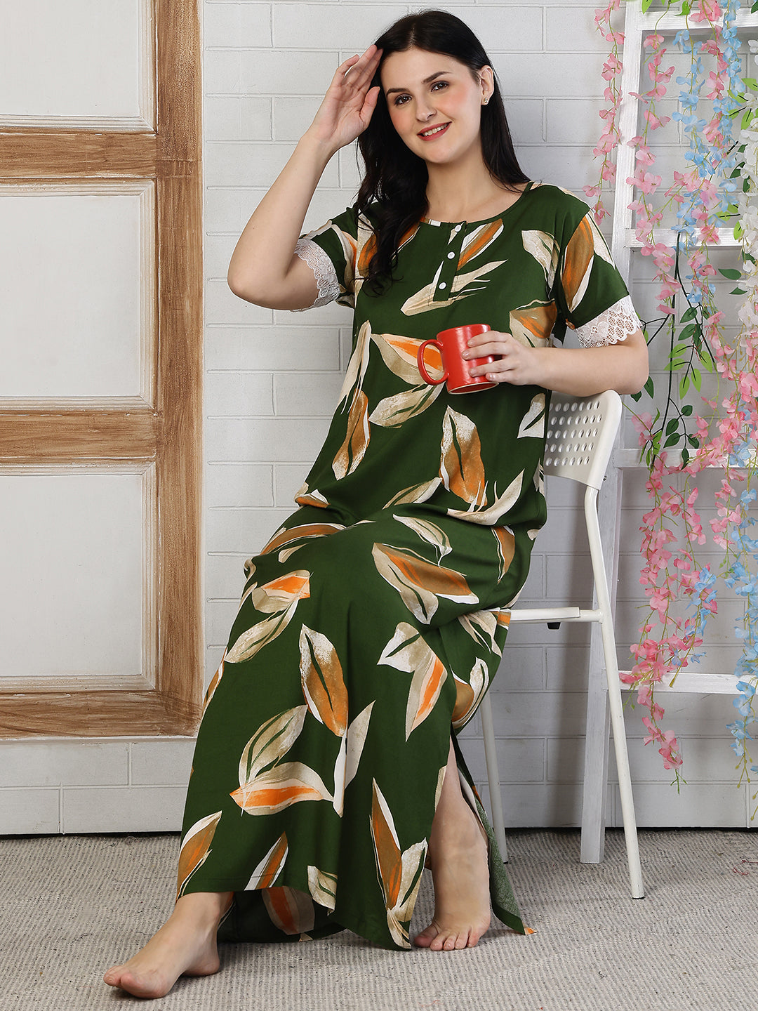 Green Color Abstract Printed Viscose Rayon Nighty | Claura