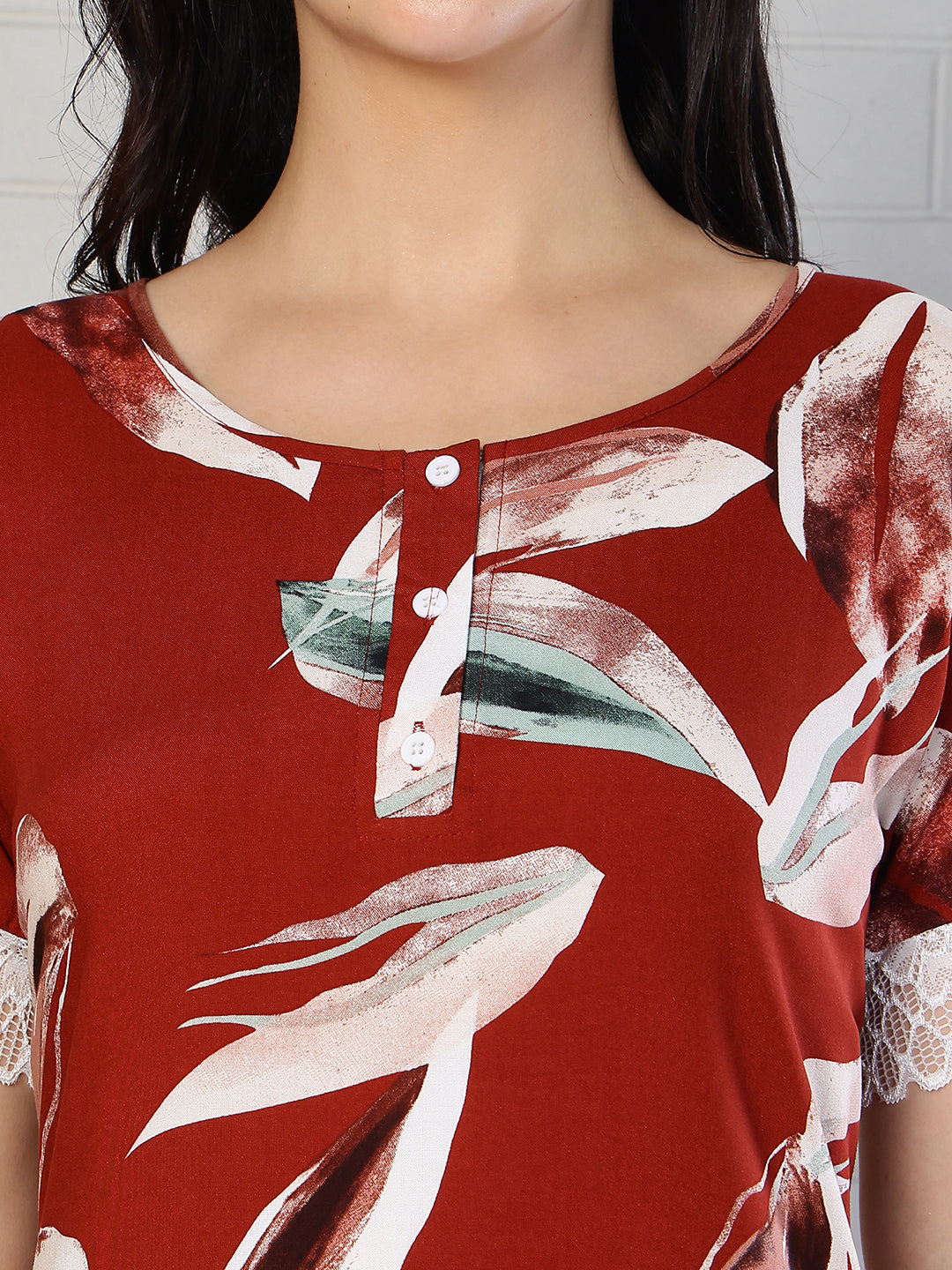 Red Color Abstract Printed Viscose Rayon Nighty | Claura