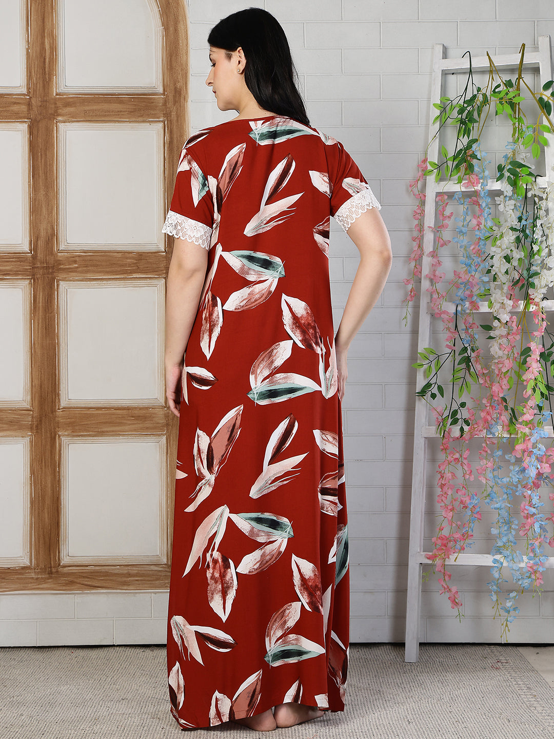 Red Color Abstract Printed Viscose Rayon Nighty | Claura