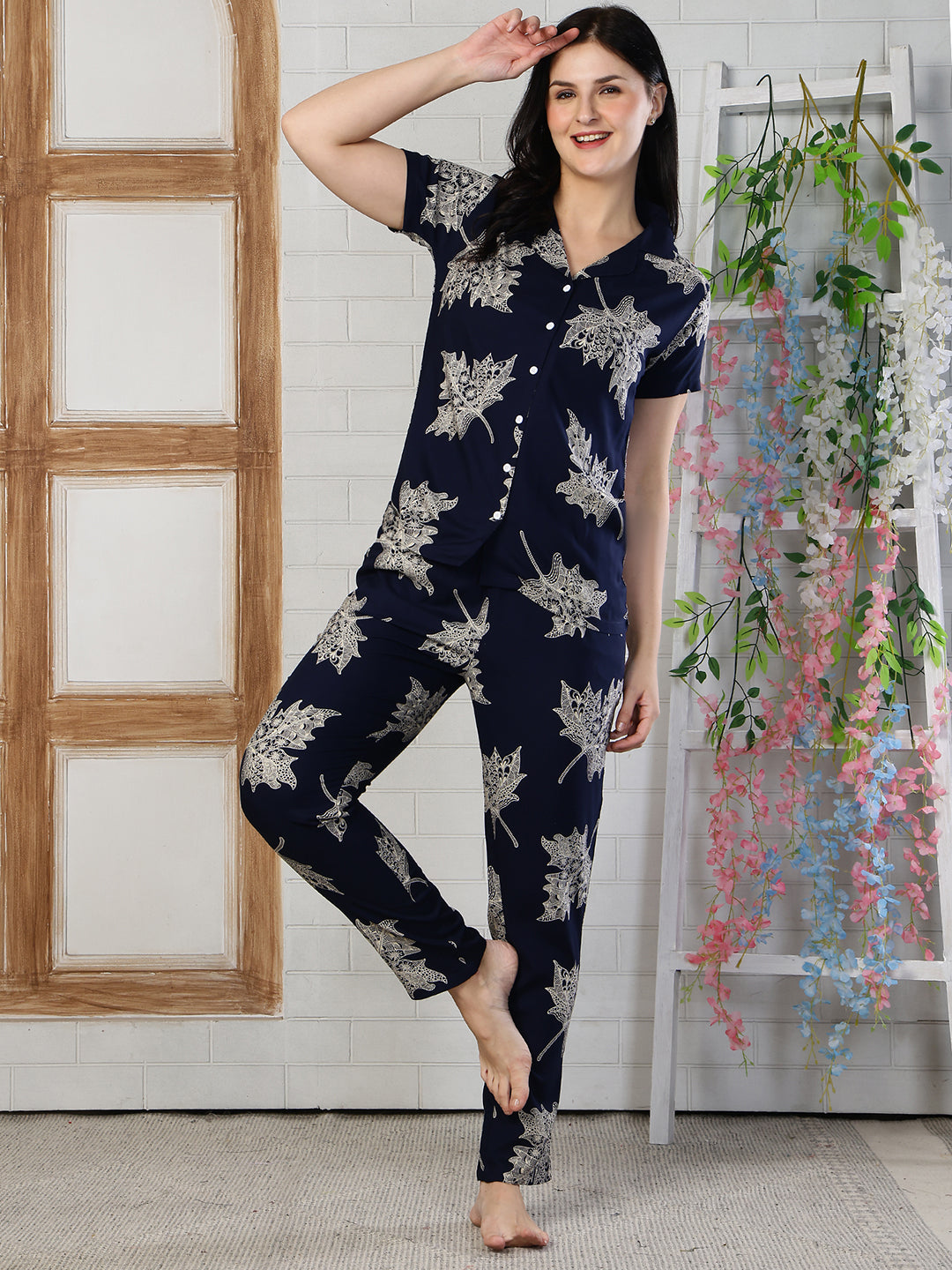 Navy Blue Viscose Rayon Night Suit For Women| Claura
