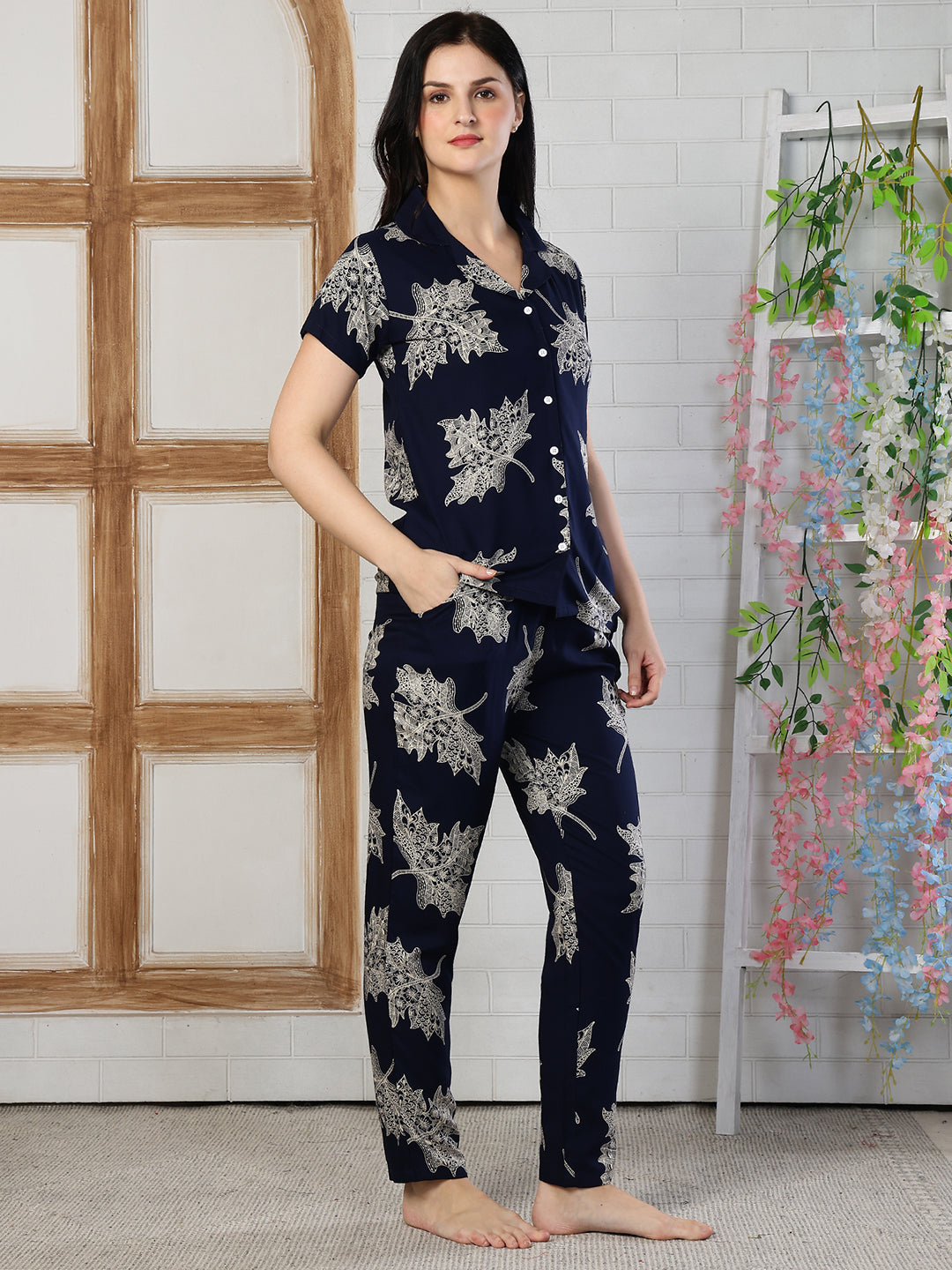Navy Blue Viscose Rayon Night Suit For Women| Claura