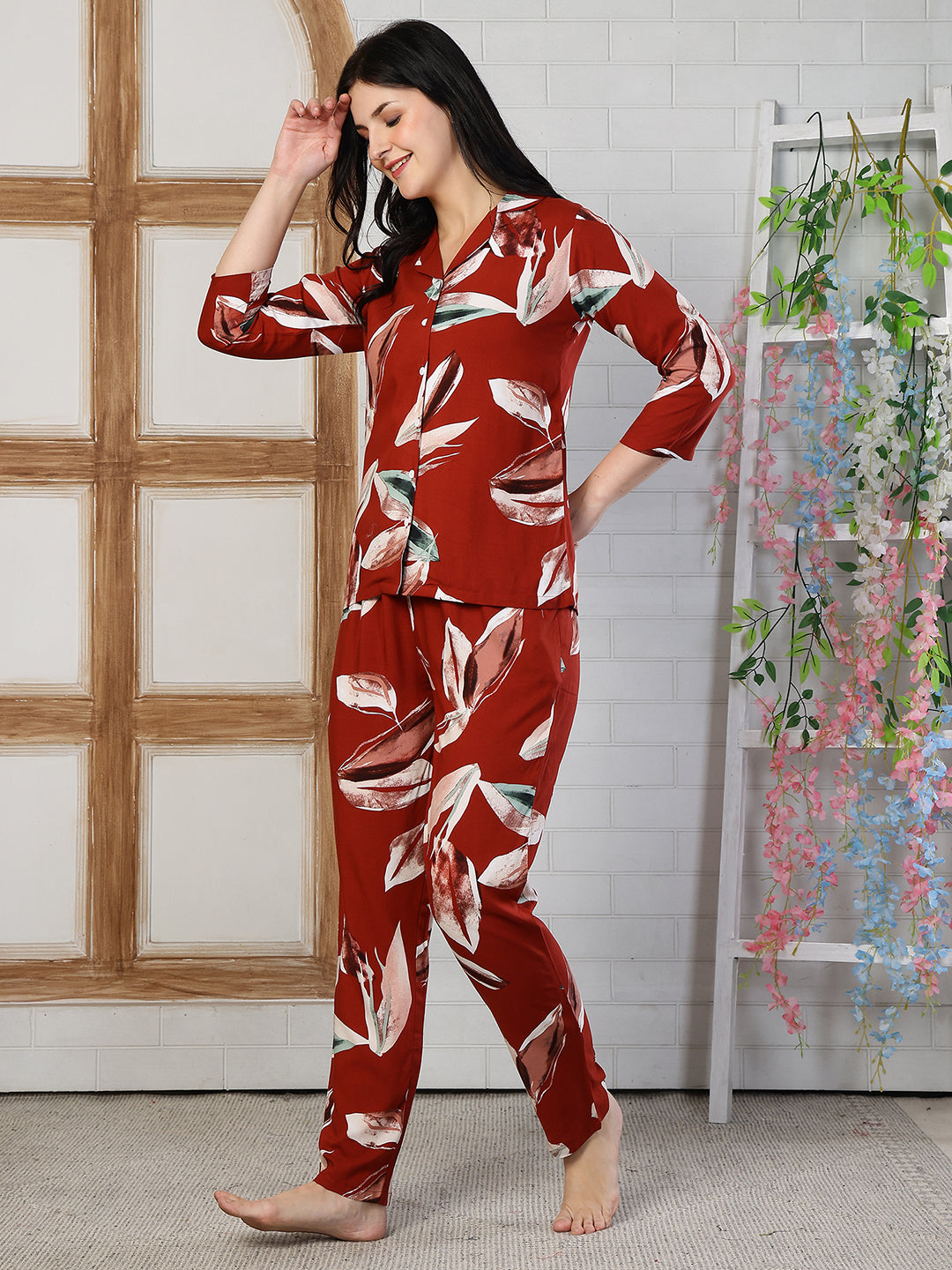 Red Color Abstract Printed Viscose Rayon Night Suit For Women | Claura