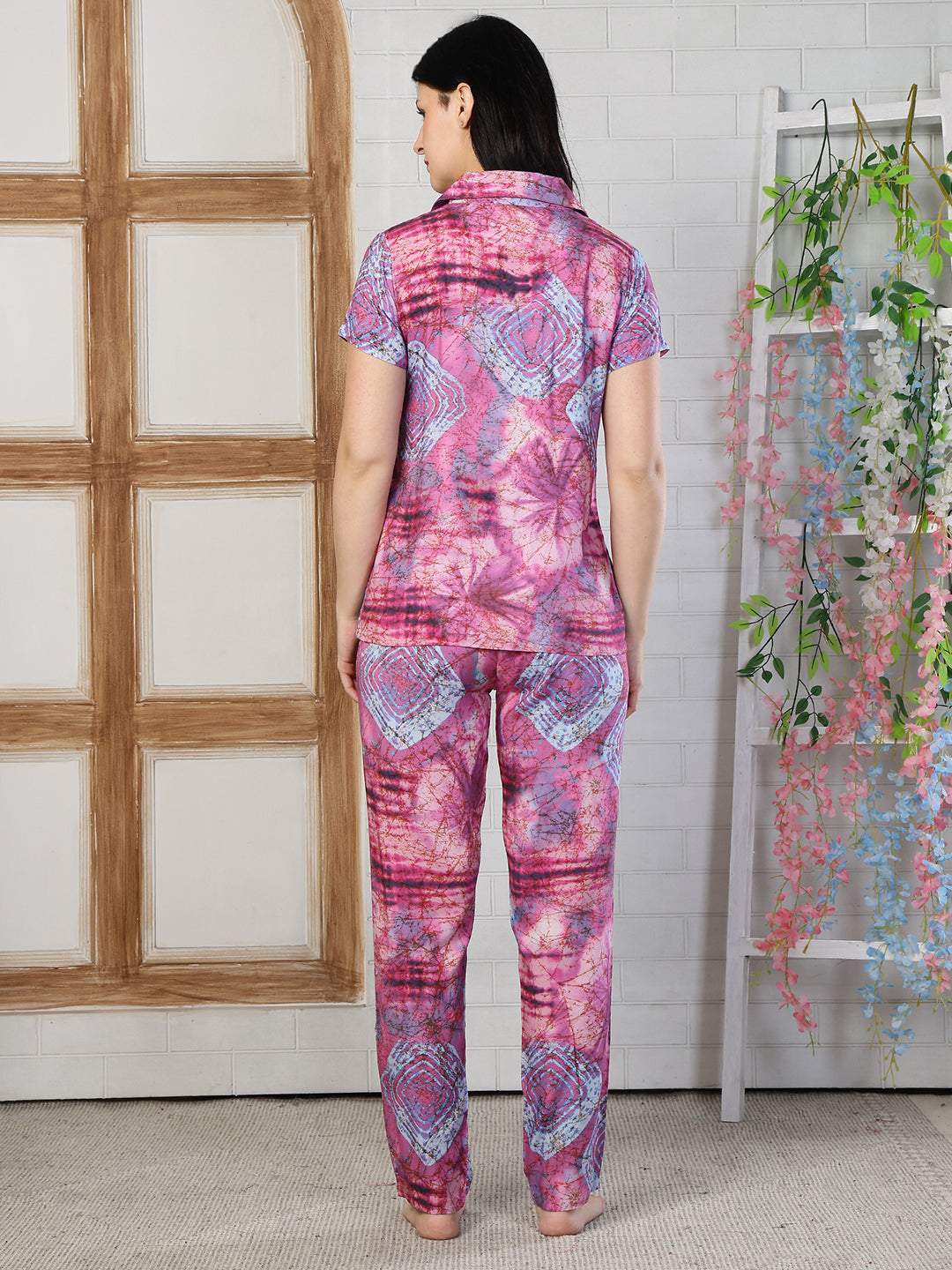 Pink Color Viscose Rayon Abstract Printed Night Suit for Women | Claura
