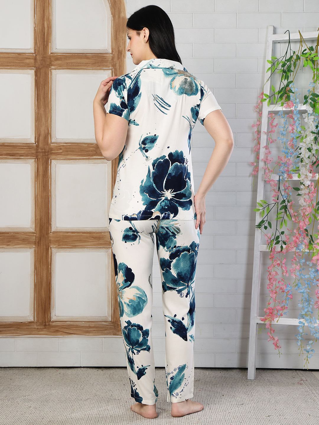 Blue Floral Printed Viscose Rayon Night Suit Set for Women | Claura
