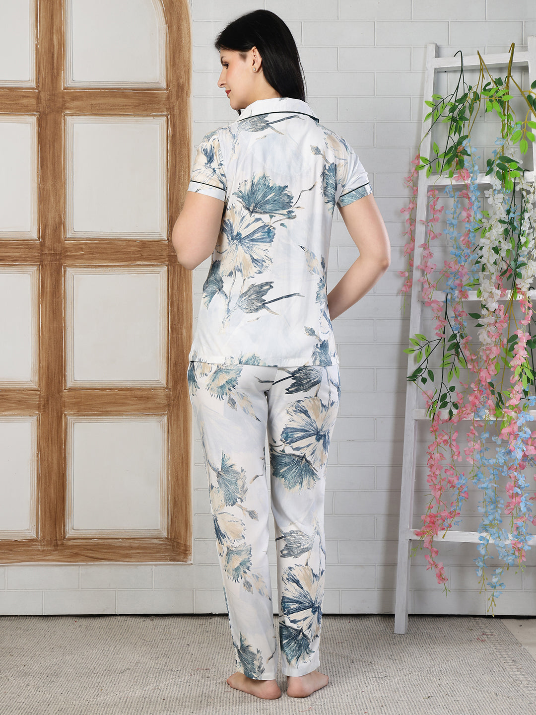 Blue Color Floral Printed Rayon Night suit for Women | Claura