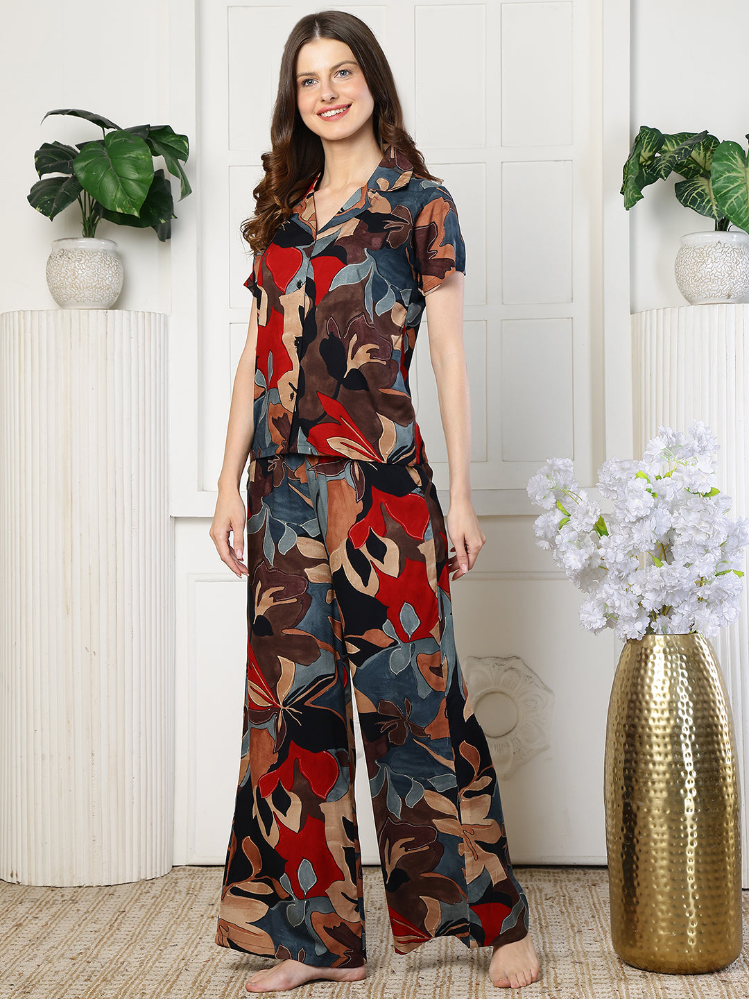 Abstract print night suit for women – black rayon back view | Claura