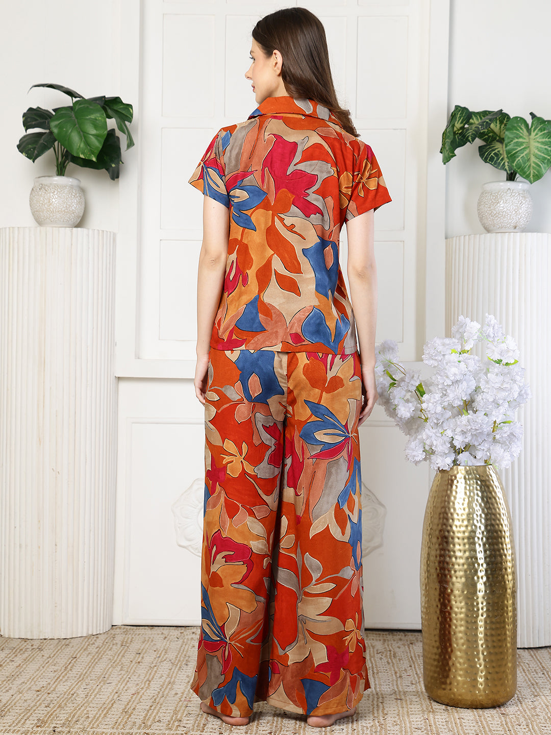 Women's orange abstract night suit – comfortable rayon | Claura