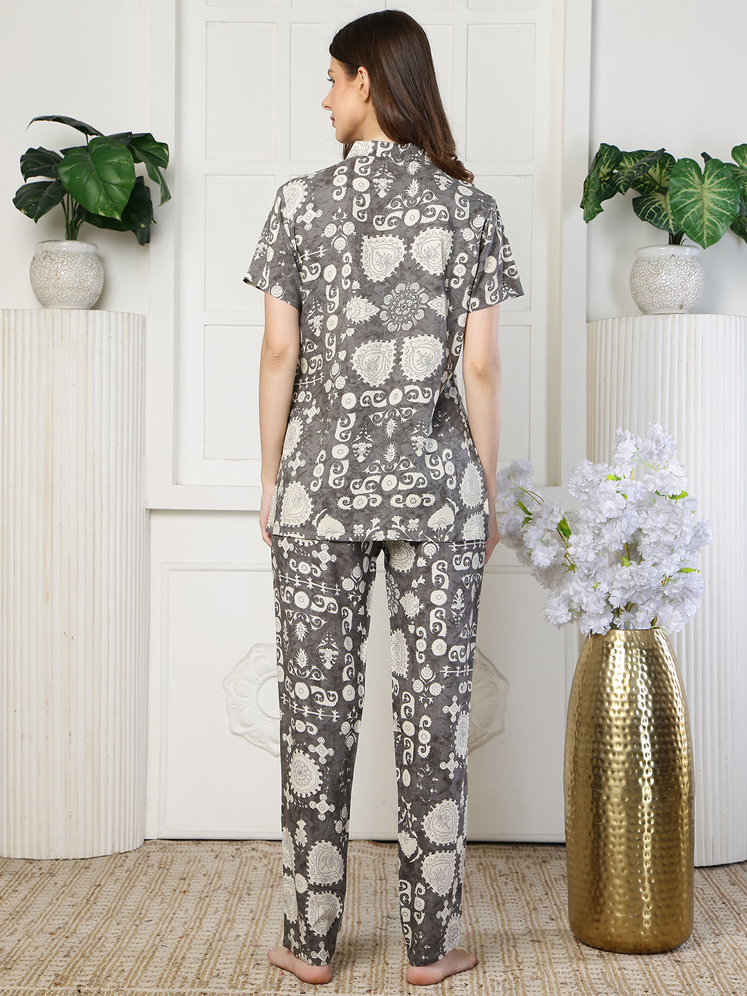 Grey night suit for women – rayon abstract sleepwear | Claura