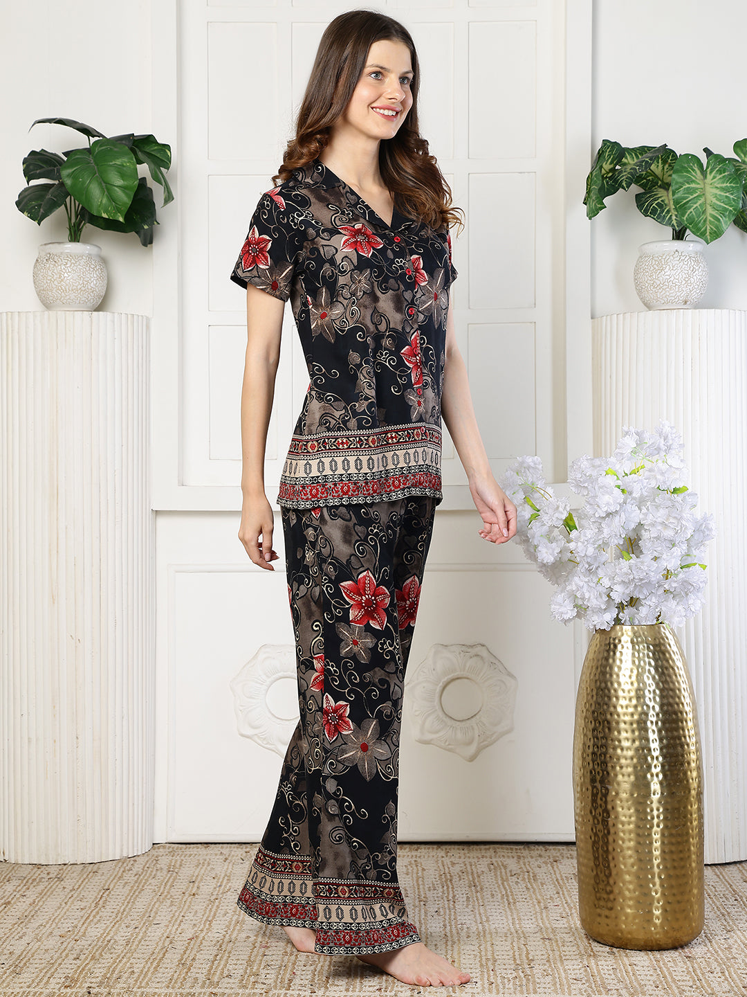 Night suit for women in black floral – rayon fabric | Claura