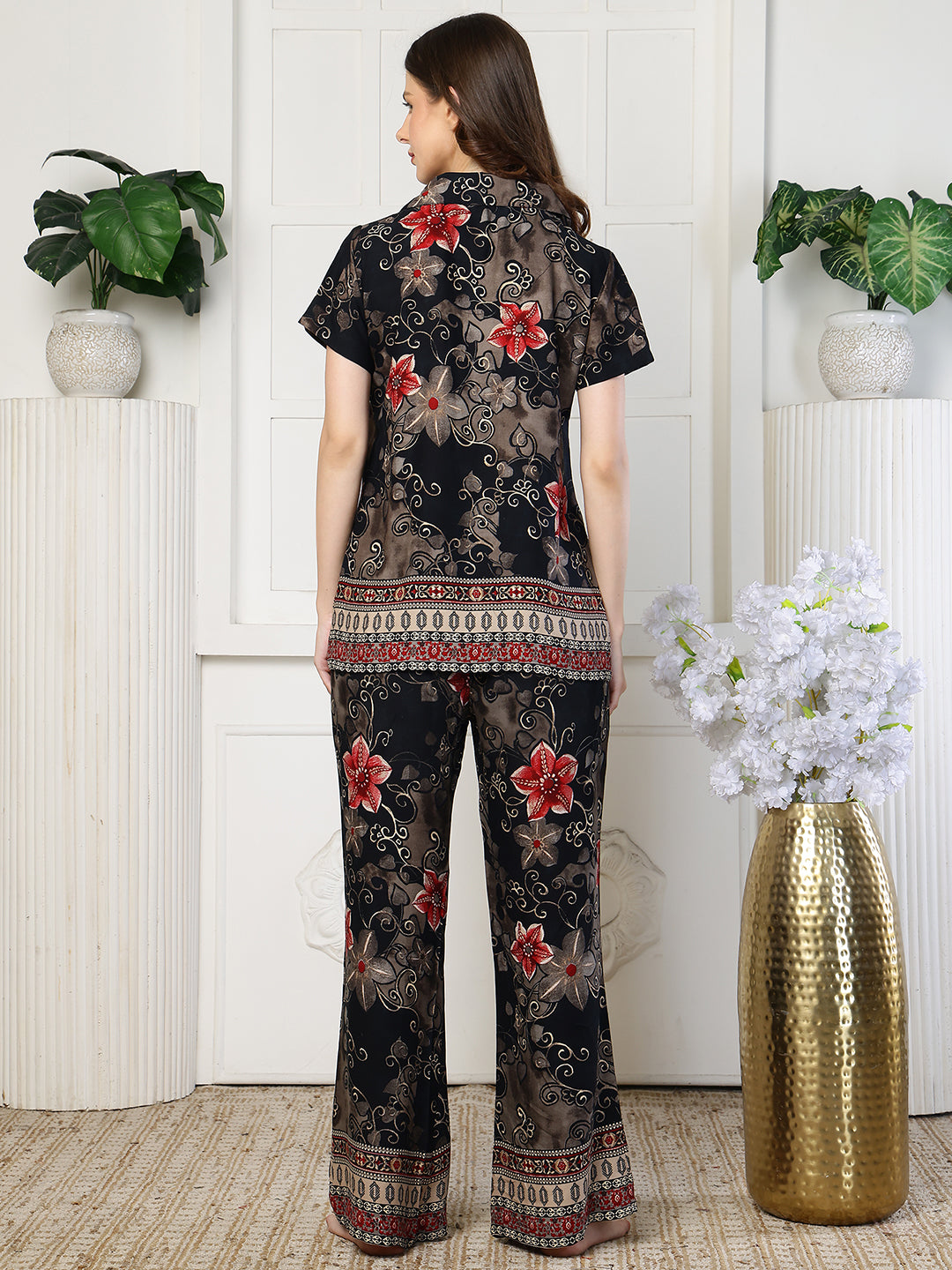 Floral print night suit for women – black rayon back view | Claura