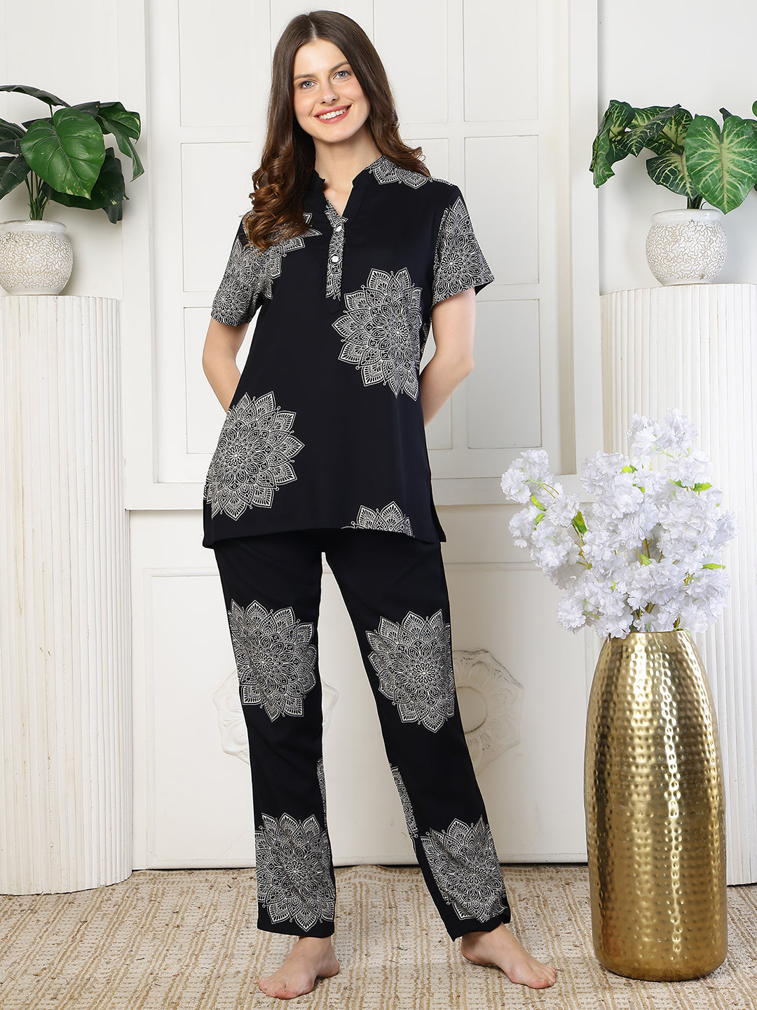 Black abstract night suit for women – soft rayon fabric detail | Claura