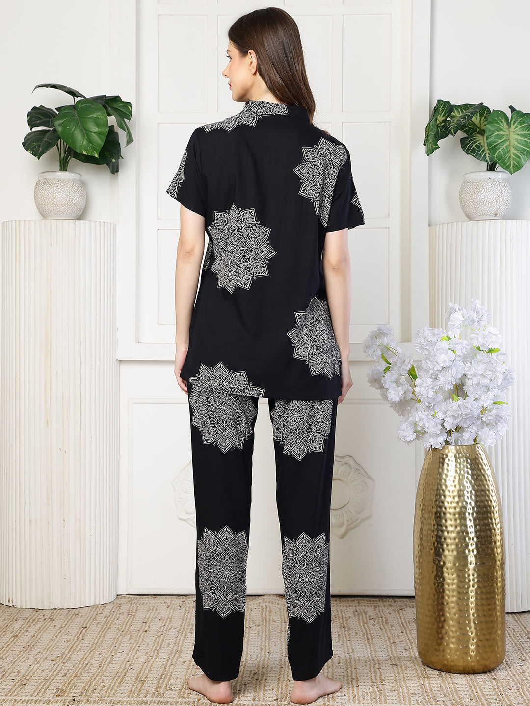 Black night suit for women – rayon abstract sleepwear | Claura