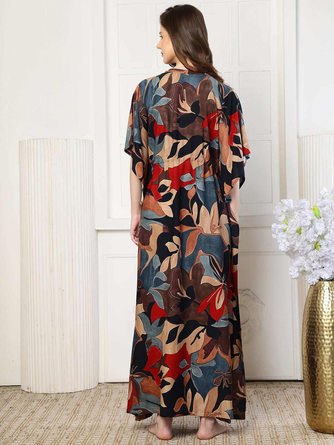 Black Color Abstract Printed Viscose Rayon Kaftan | Claura