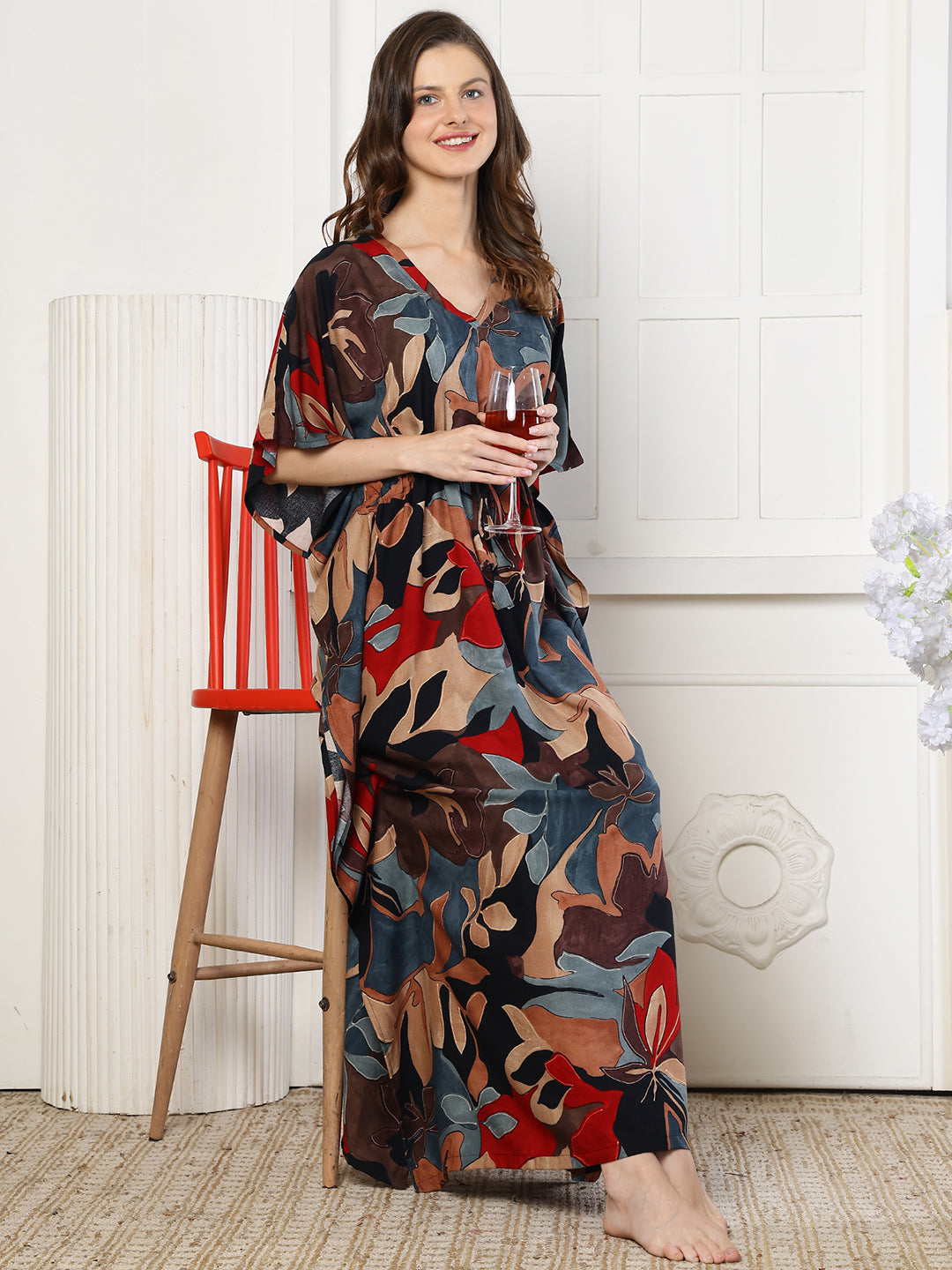 Black Color Abstract Printed Viscose Rayon Kaftan | Claura