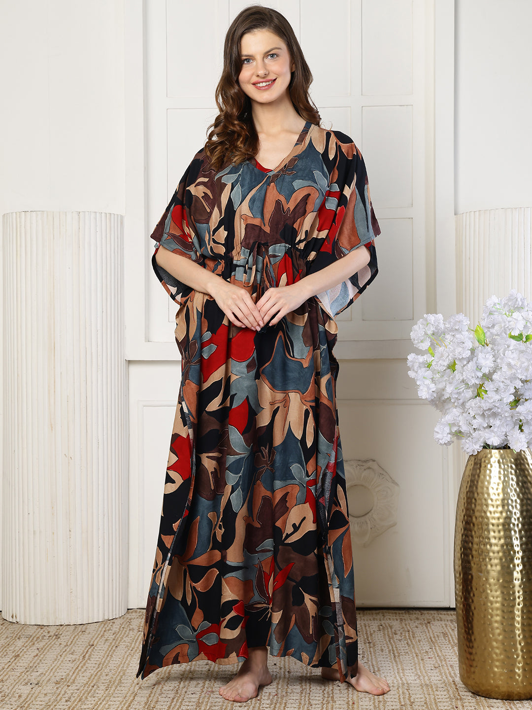 Black Color Abstract Printed Viscose Rayon Kaftan | Claura