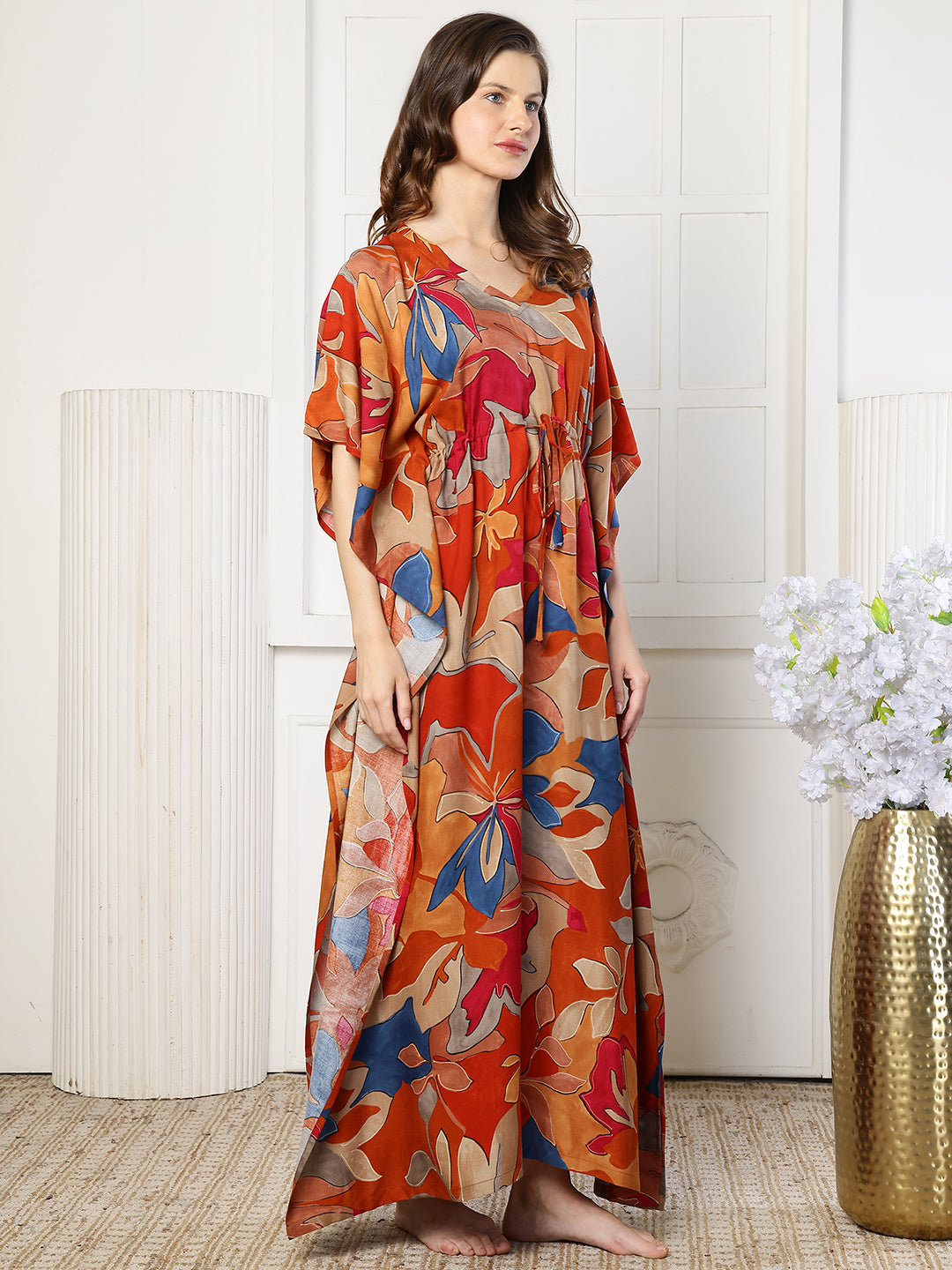 Orange Color Abstract Printed Viscose Rayon Kaftan | Claura