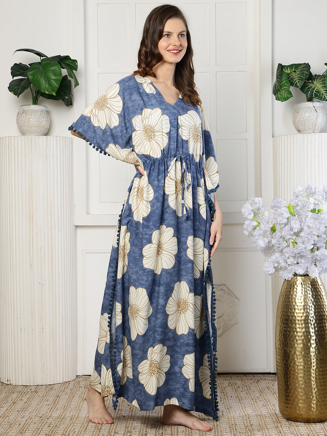 Blue Color Abstract Printed Viscose Rayon Kaftan | Claura