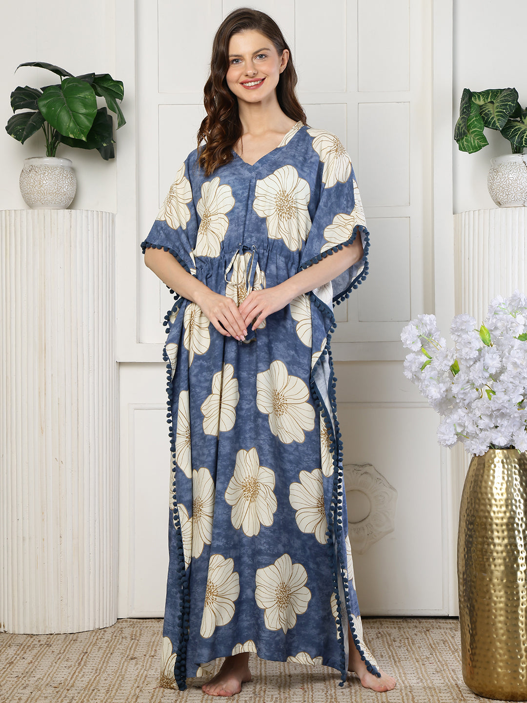 Blue Color Abstract Printed Viscose Rayon Kaftan | Claura