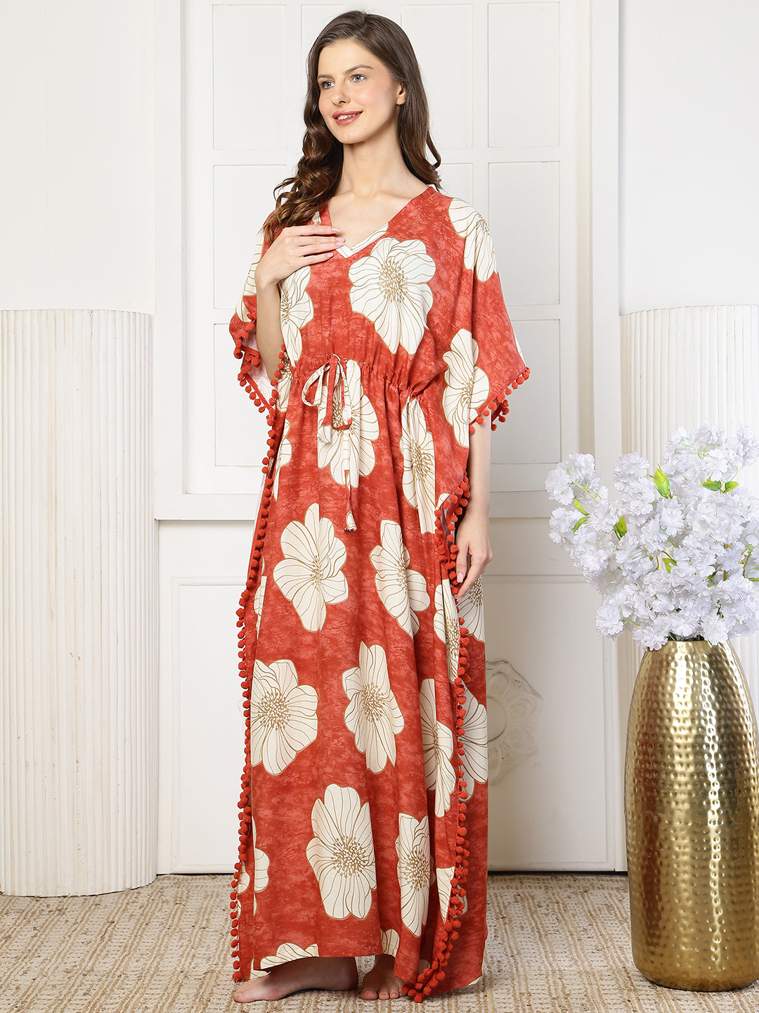 Red Color Floral Printed Viscose Rayon Kaftan | Claura