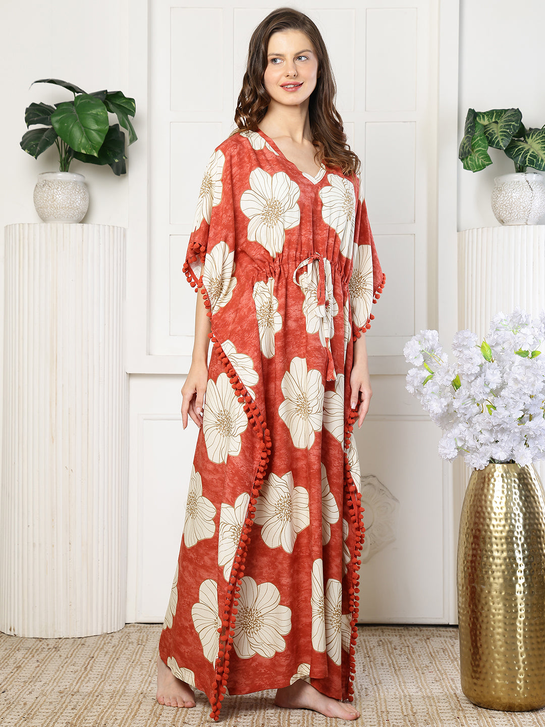 Red Color Floral Printed Viscose Rayon Kaftan | Claura