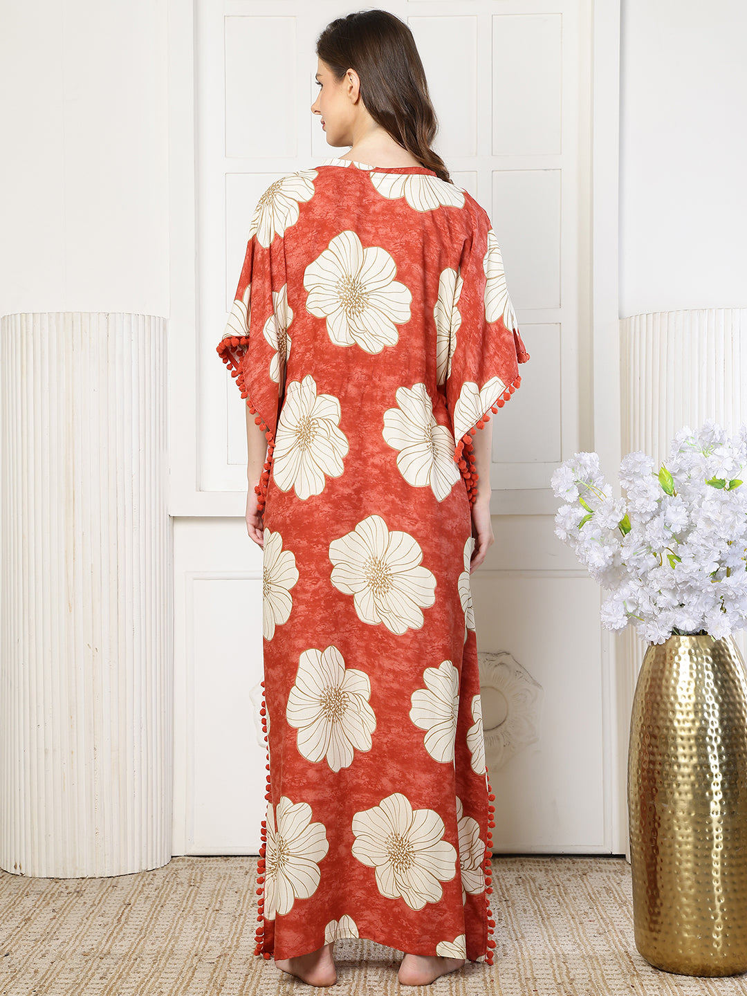 Red Color Floral Printed Viscose Rayon Kaftan | Claura