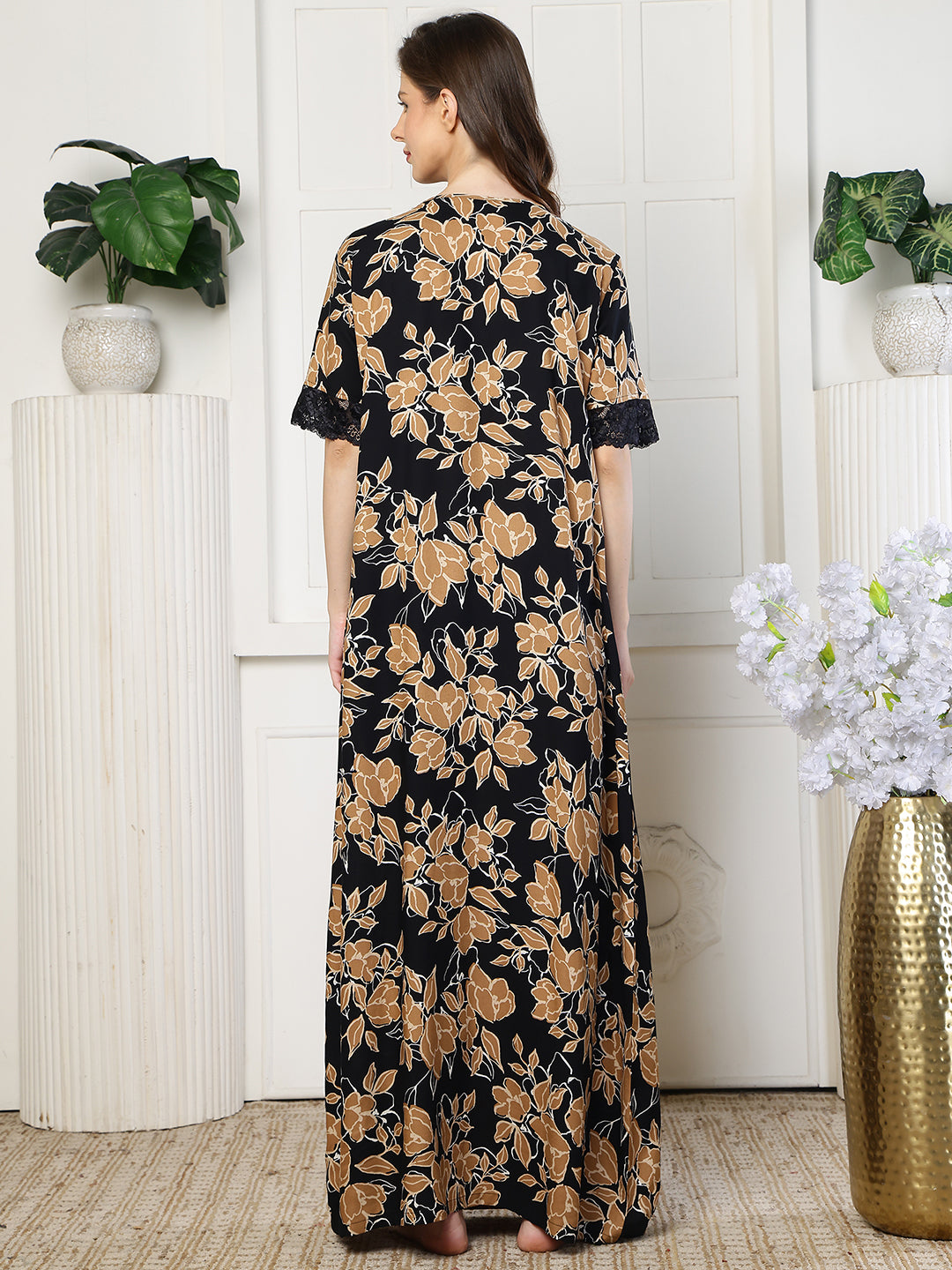 Black Color Abstract Printed Viscose Rayon Nighty | Claura