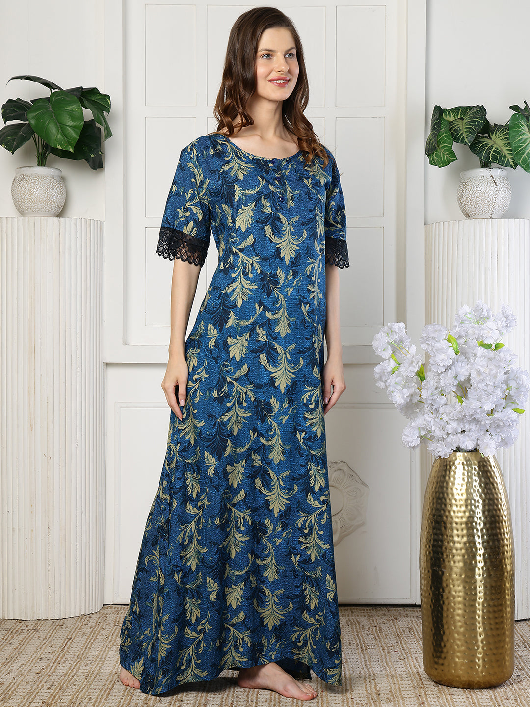 Blue Color Abstract Printed Viscose Rayon Nighty | Claura