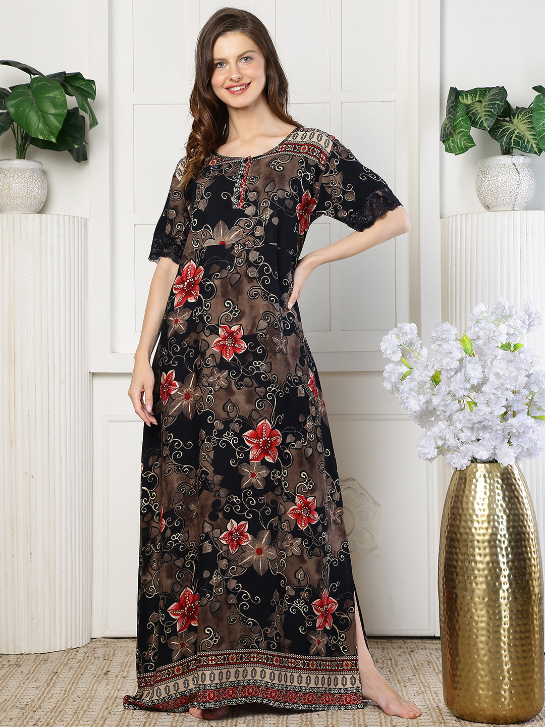 Black Color Floral Printed Viscose Rayon Nighty | Claura
