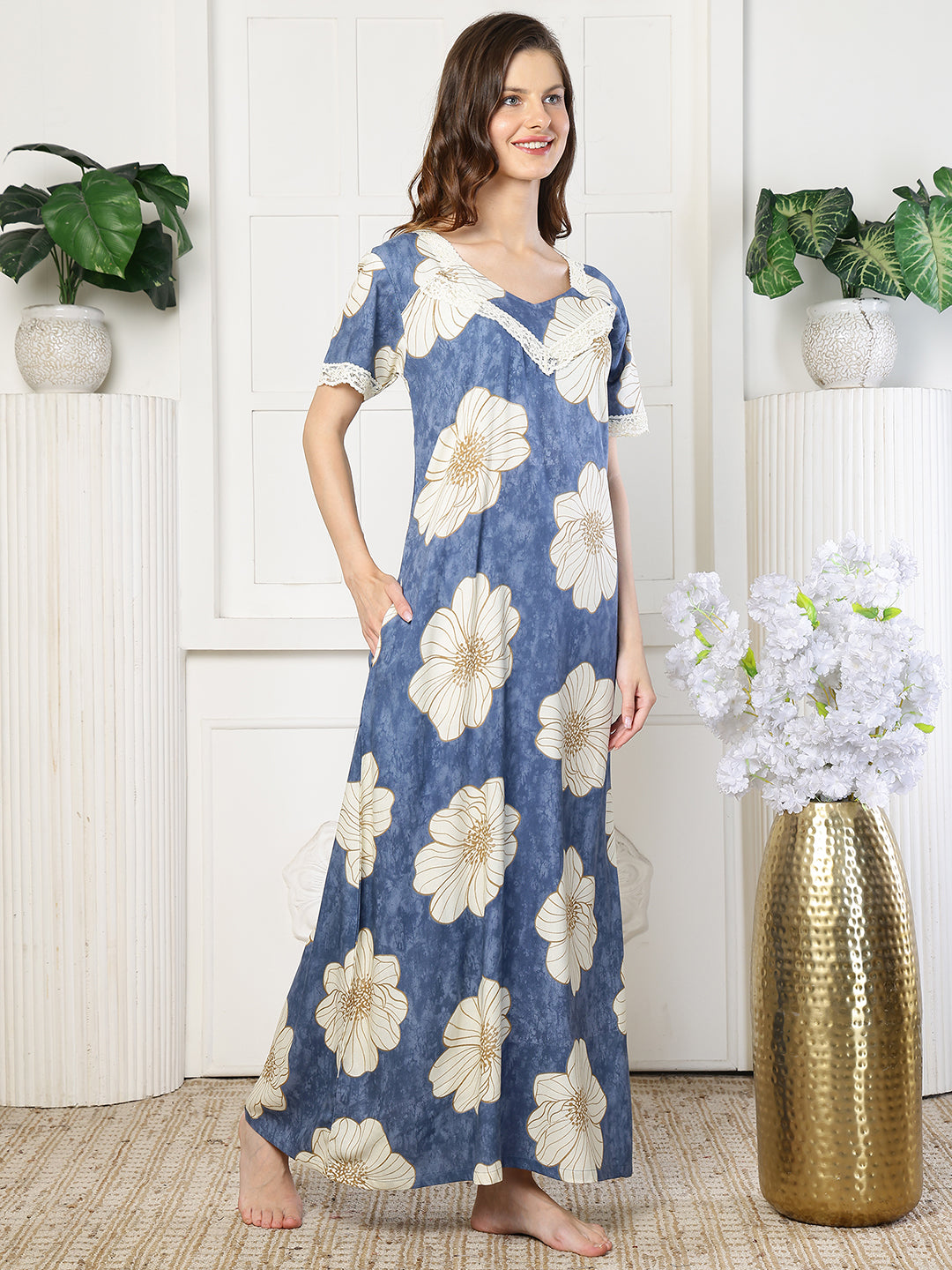 Blue Color Floral Printed Viscose Rayon Nighty | Claura
