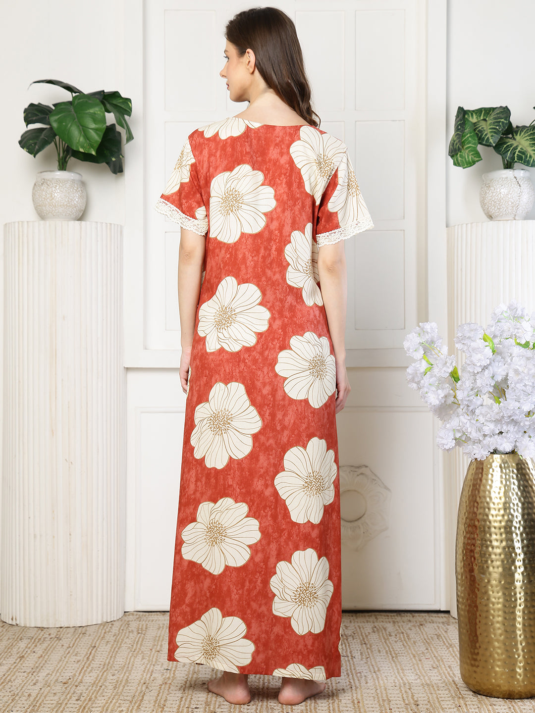 Red Color Floral Printed Viscose Rayon Nighty | Claura