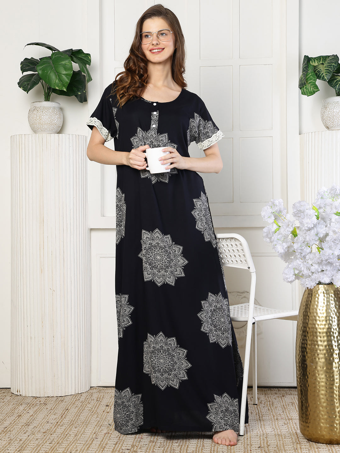 Black Color Abstract Printed Viscose Rayon Nighty | Claura