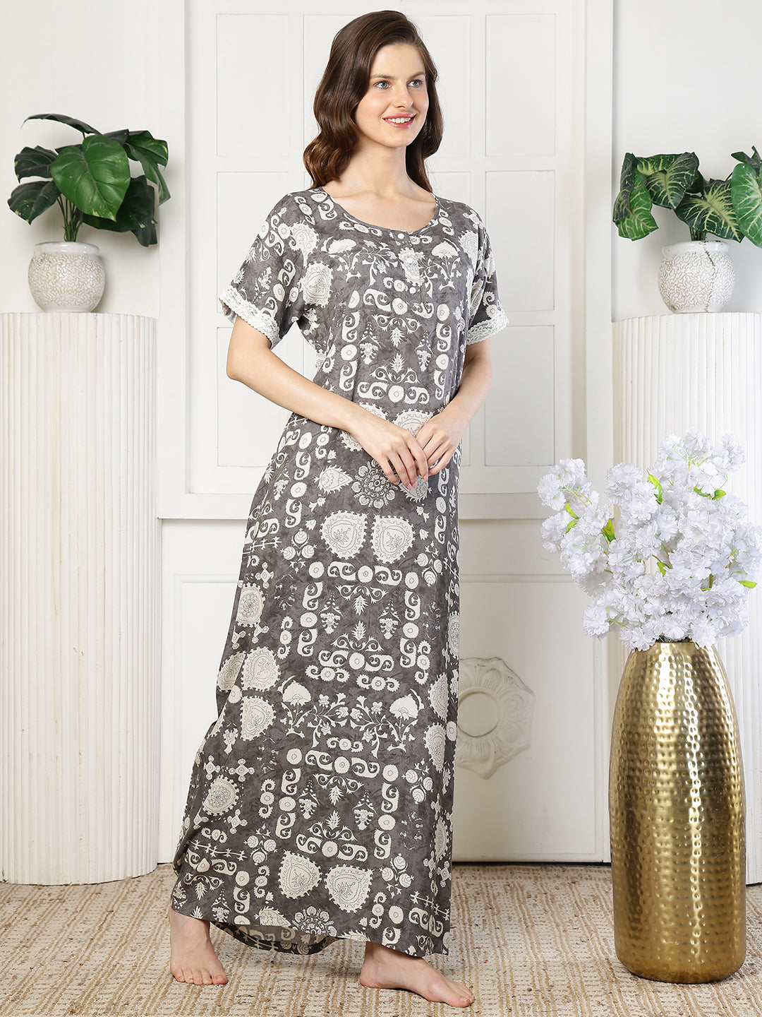 Grey Color Abstract Printed Viscose Rayon Nighty | Claura