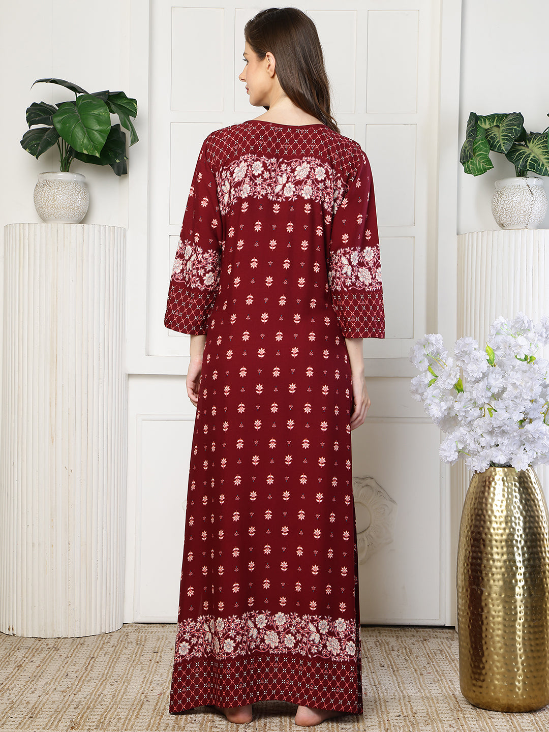 Red Floral Printed Rayon Maxi Nighty for Women | Claura