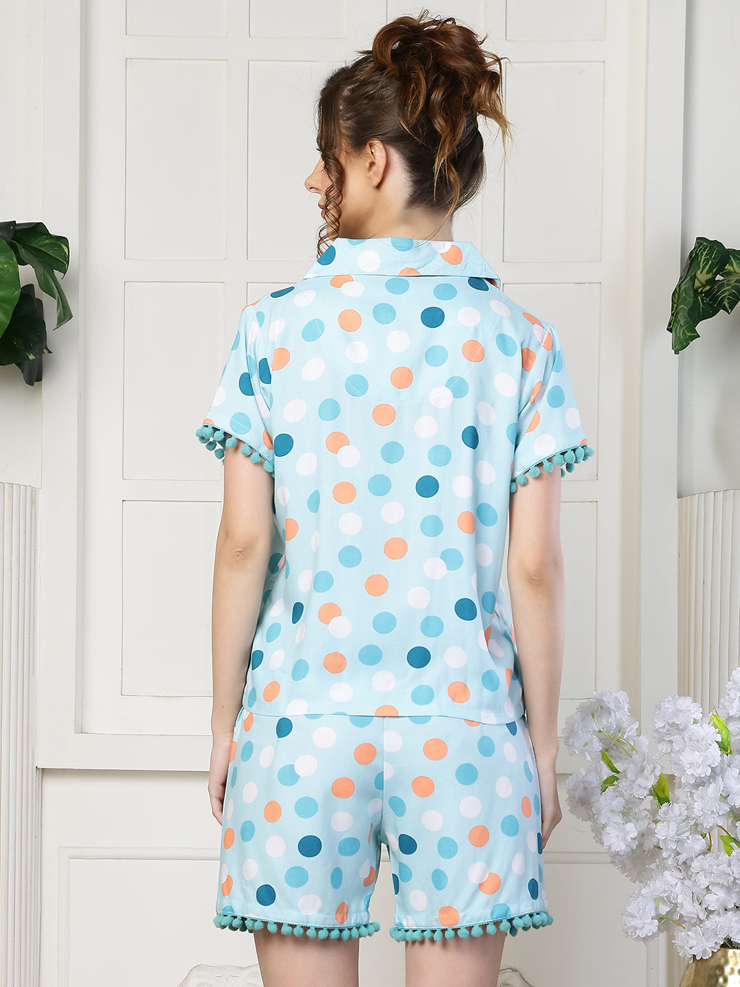 Sky Blue Cotton Polka Dot Printed Night Suit for Women | Claura