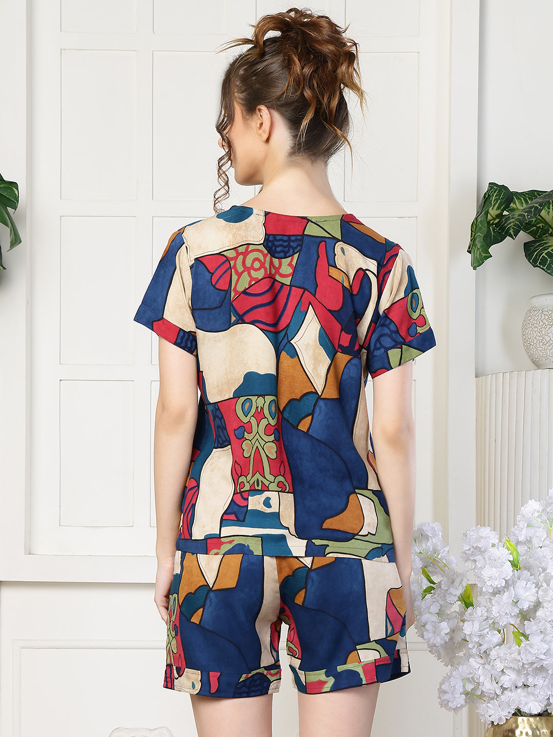 Abstract print night suit for women – blue rayon back view | Claura