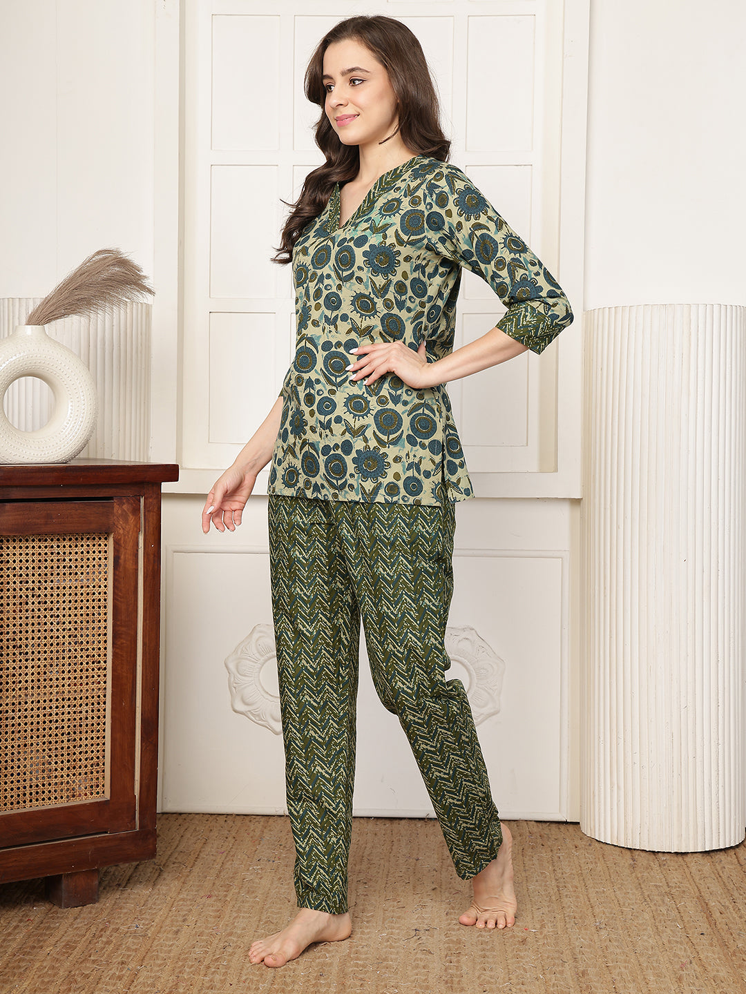 Green Floral Printed Cotton Night Suit Set with V-Neck | Claura