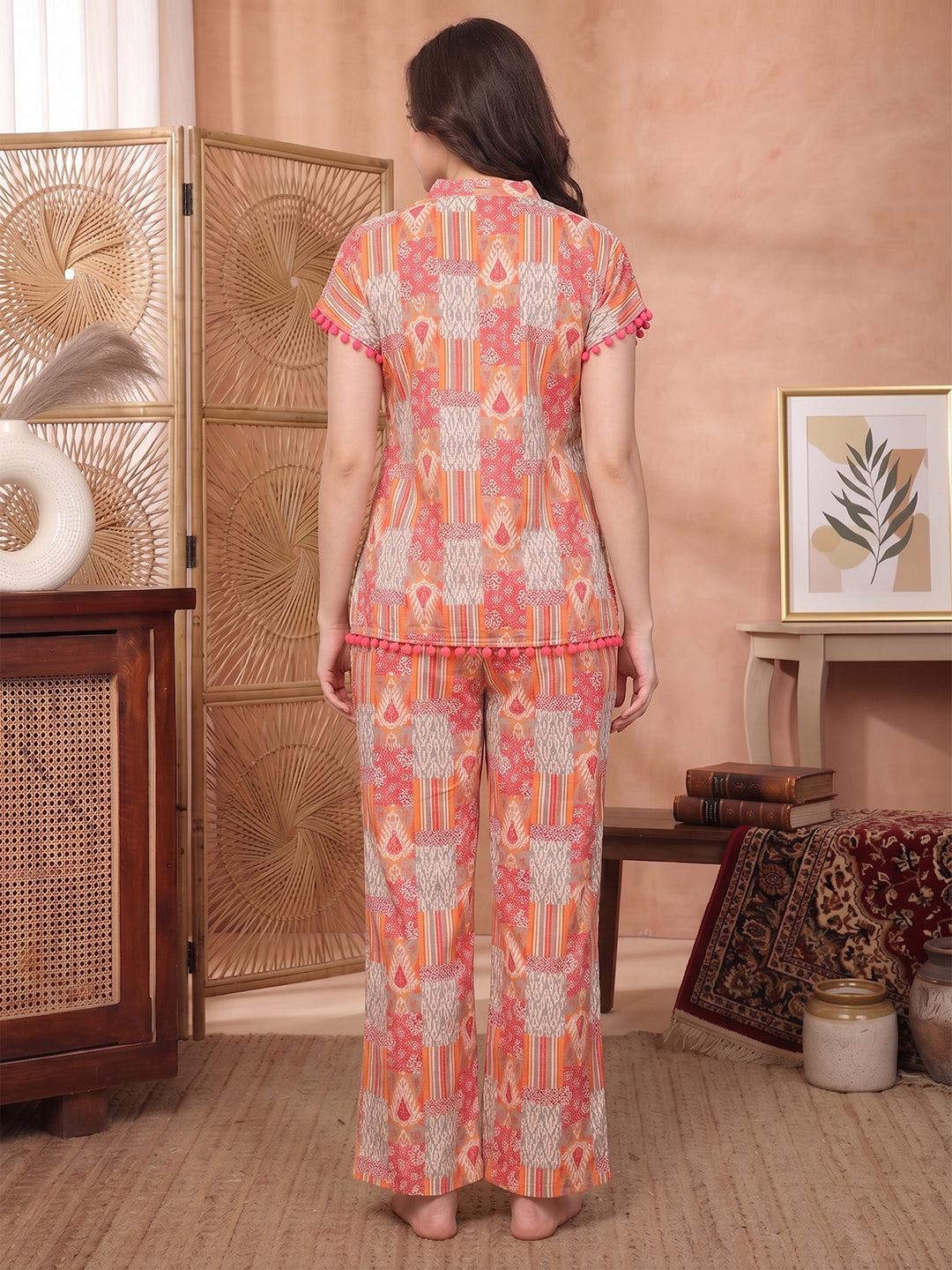 Pink Printed Cotton Night Suit with Mandarin Collar & Short Sleeves | Claura