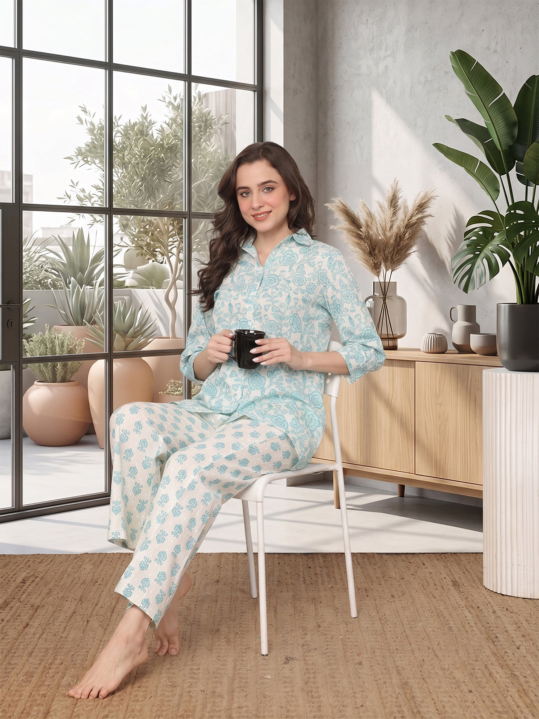 Blue Floral Printed Cotton Night Suit For Women | Claura