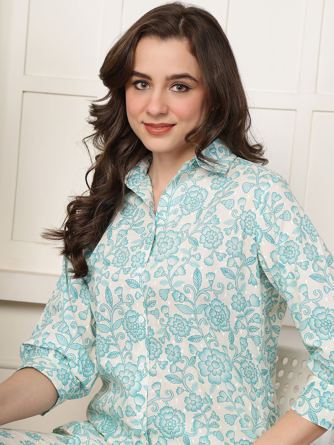 Blue Floral Printed Cotton Night Suit For Women | Claura