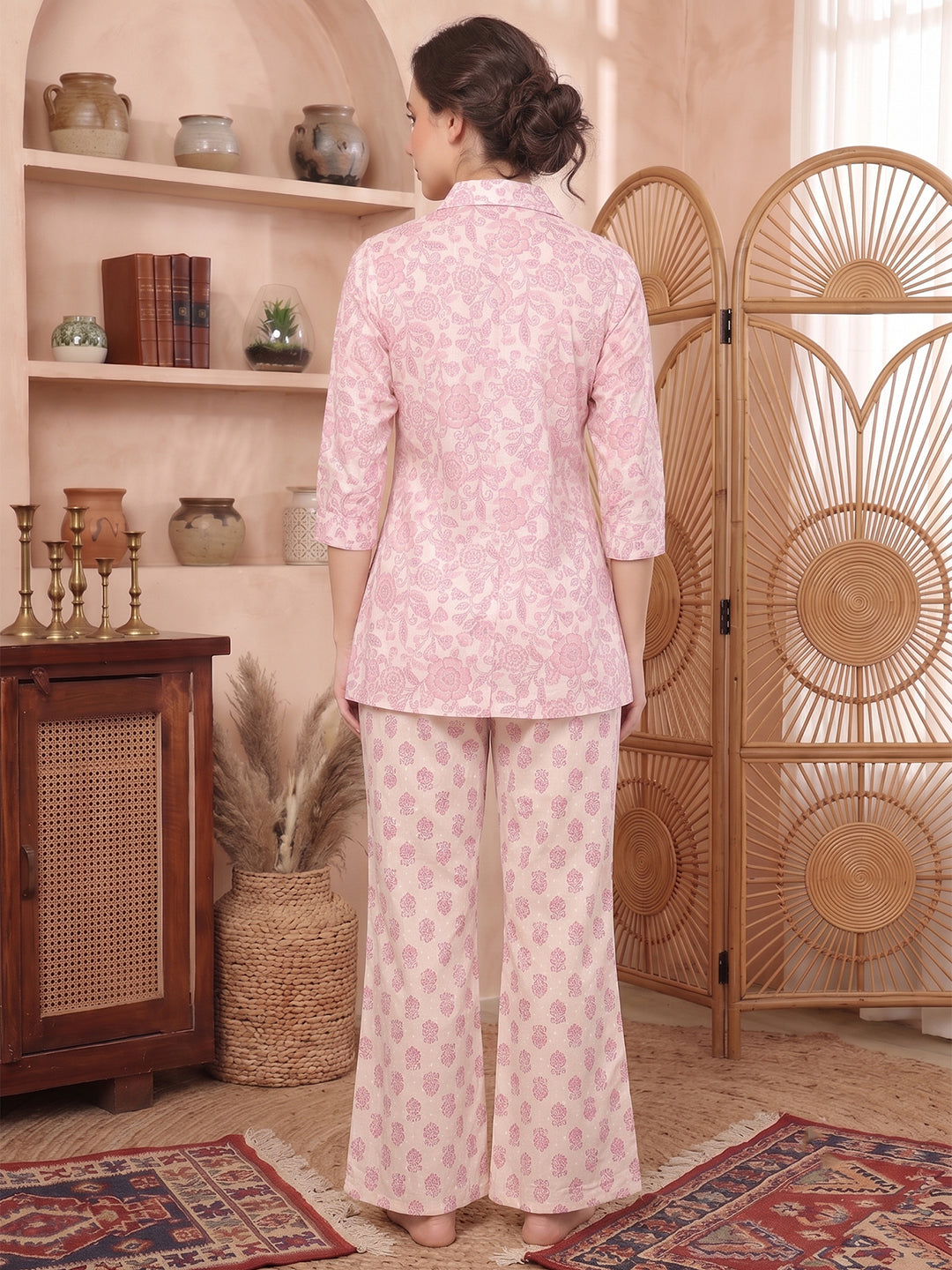 Pink Floral Printed Cotton Night Suit with Shirt & Pyjama | Claura