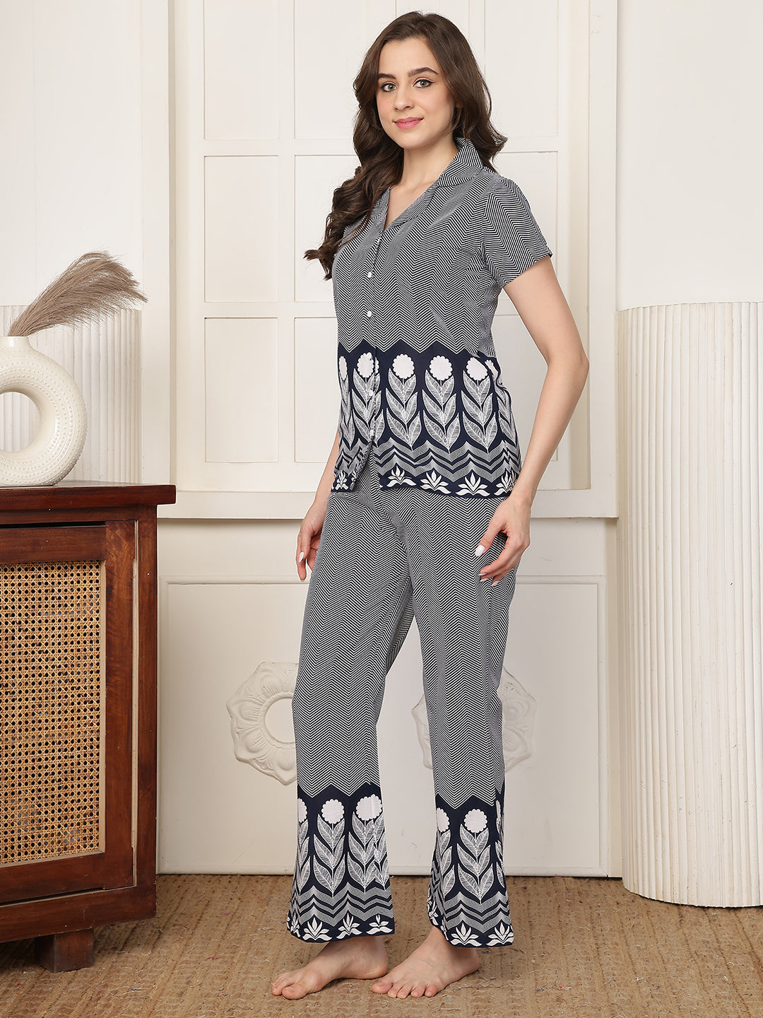 Blue Floral Border Printed Cotton Shirt & Pyjama Night Suit | Claura
