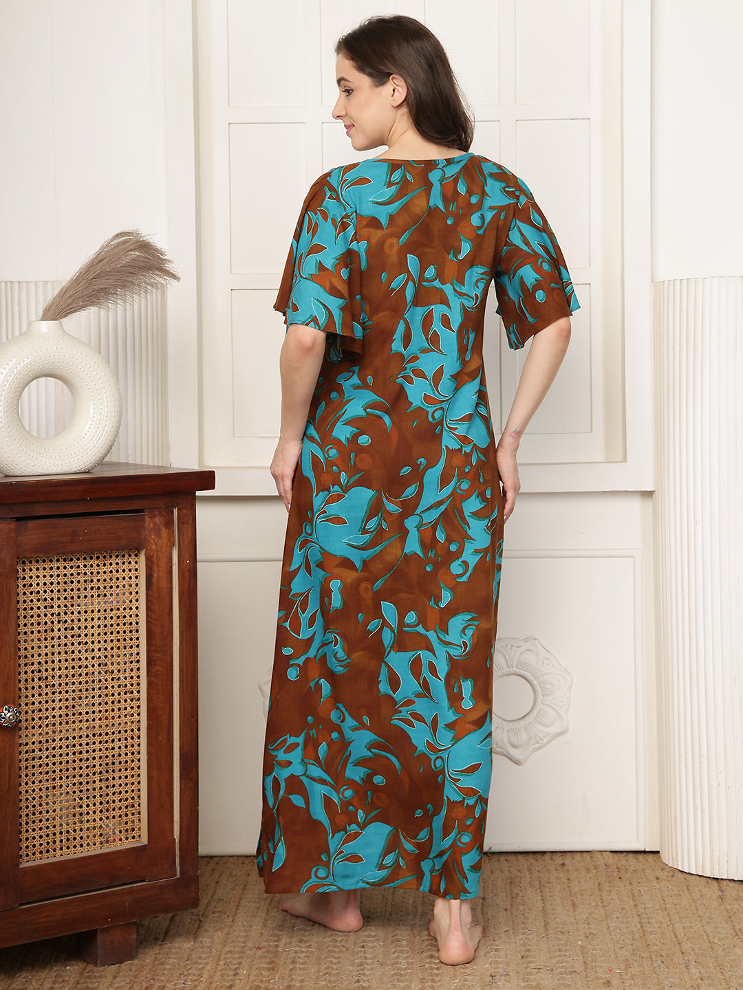 Blue Floral Print Short Sleeve Maxi Nightdress | Claura