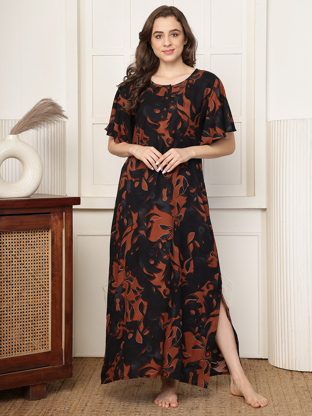 Brown Floral Print Short Sleeve Maxi Nightdress | Claura