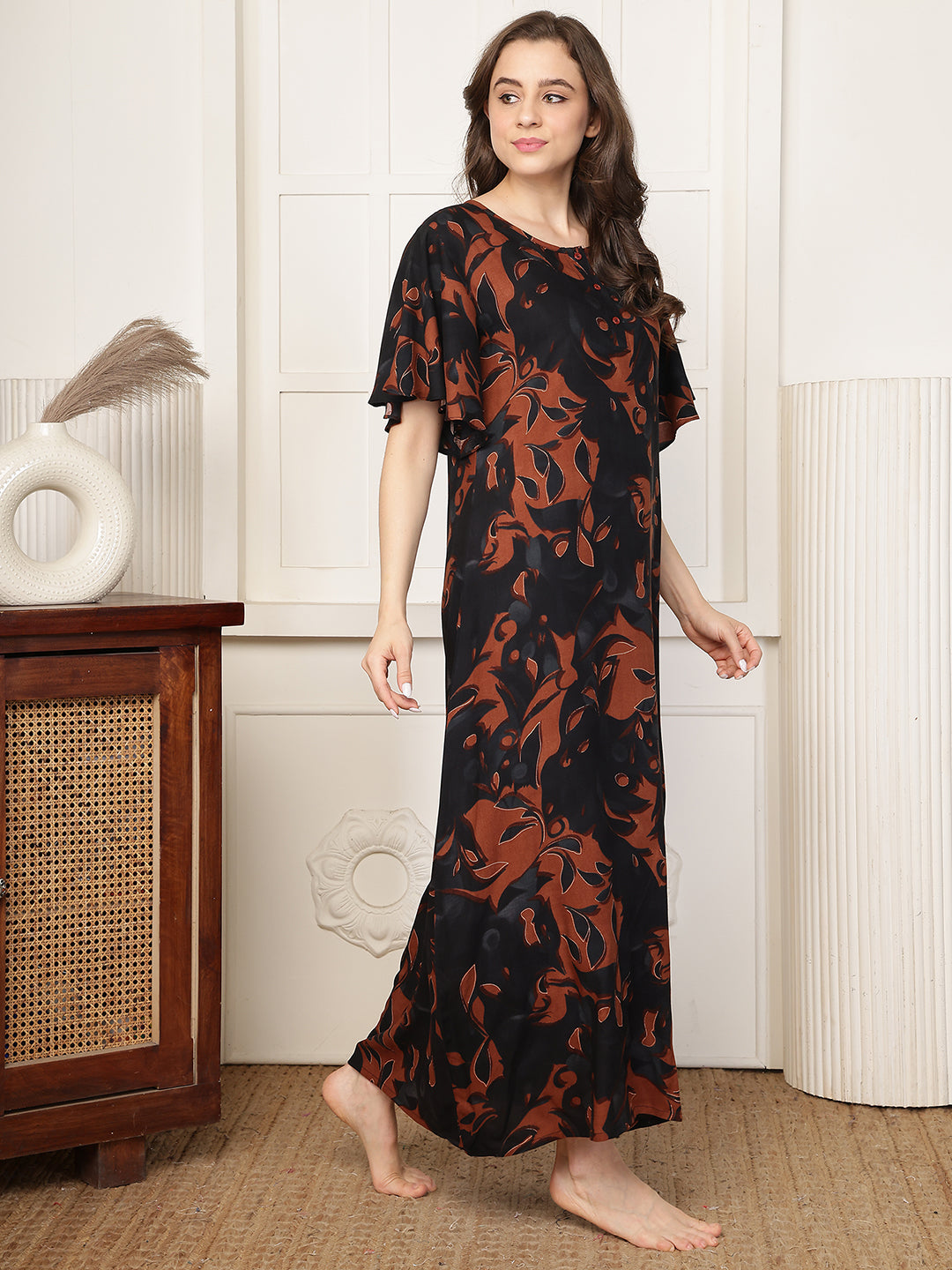 Brown Floral Print Short Sleeve Maxi Nightdress | Claura