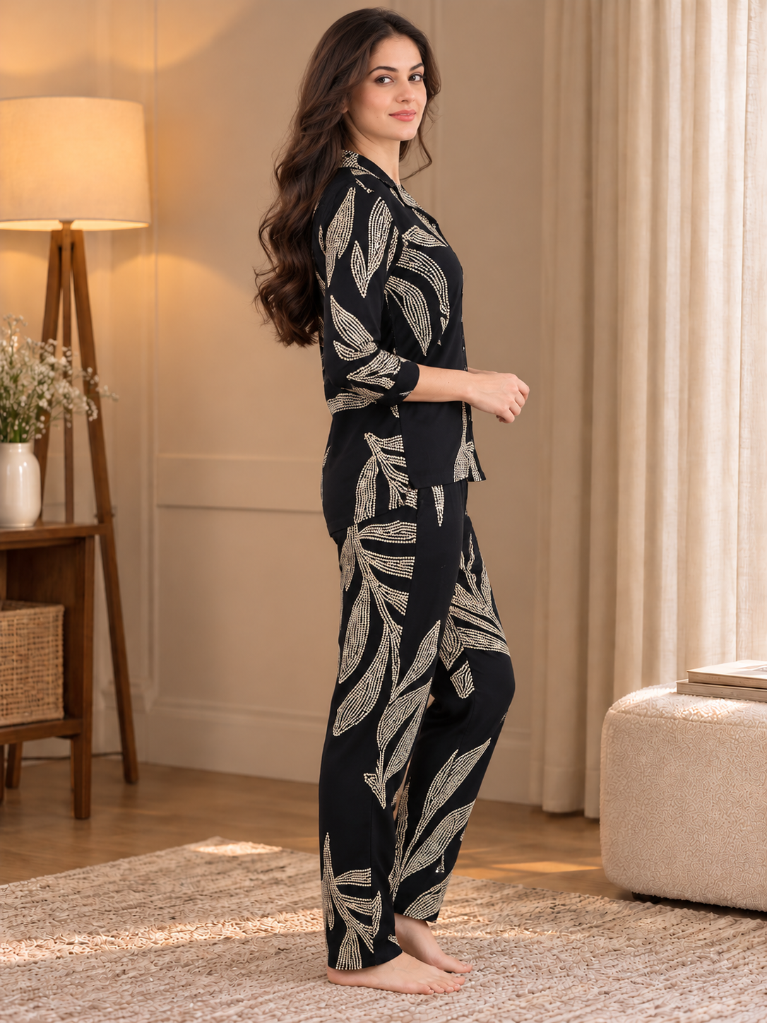 Black Floral Viscose Rayon Night Suit for Women | Claura