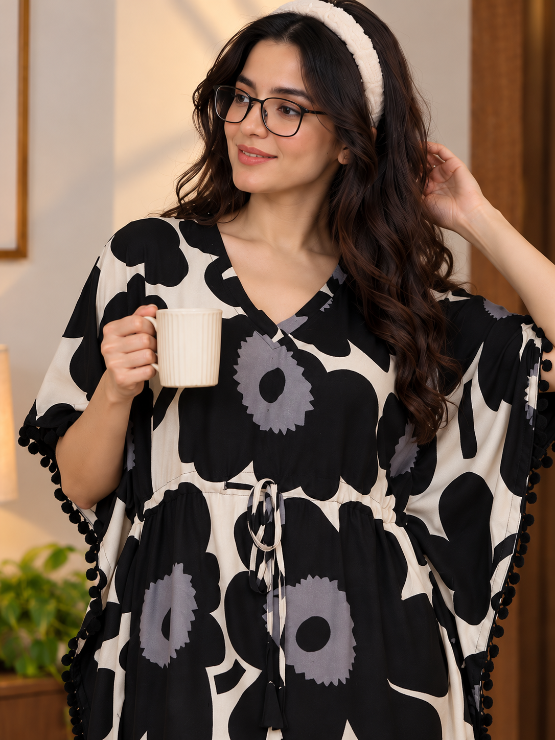 Black Viscose Floral Kaftan Dress | Claura